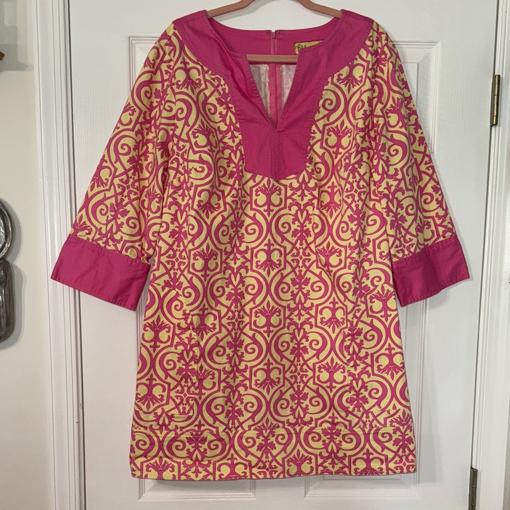 Lilly & Van Vintage Cotton Tunic Shift Dress Pink and Yellow Quarter sleeve